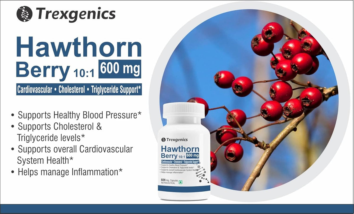Trexegenics Hawthorn Berry supplement bottle with berries on a blue background