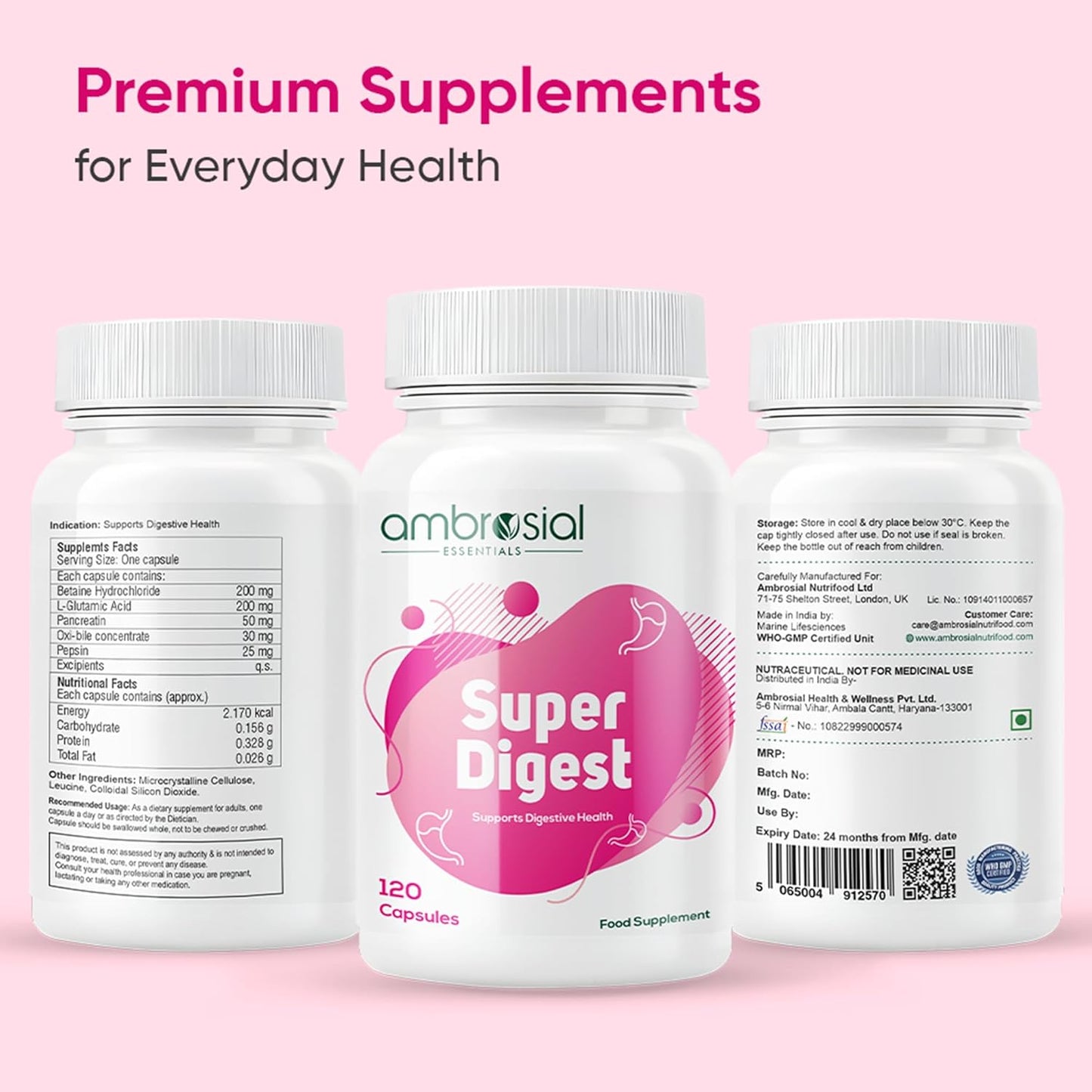 Three bottles of ambrosial Super Digest supplements on a pink background