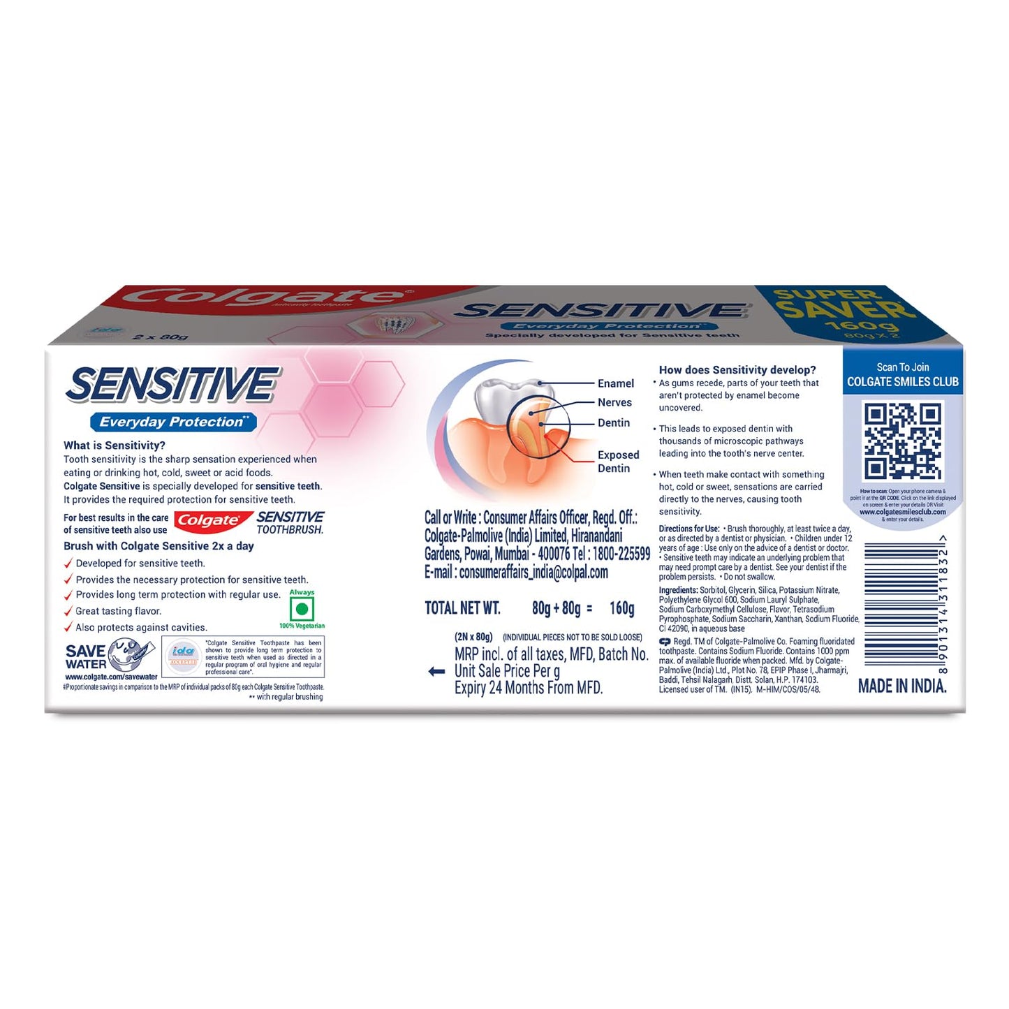 Colgate Sensitive Everyday Protection Toothpaste, Combo Pack Of 160g (80g X 2), Specifically Developed For Sensitive Teeth & Healthy Gums, Colgate Toothpaste For Prevention Of Cavities & Plaque