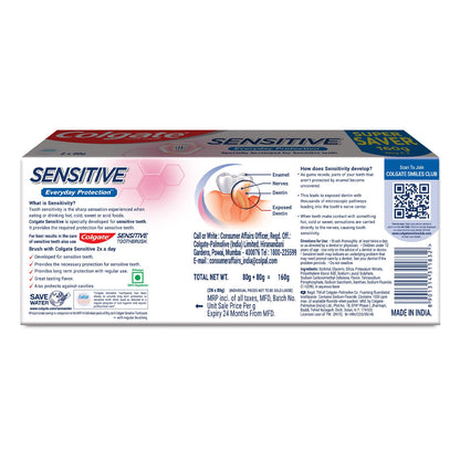 Colgate Sensitive Everyday Protection Toothpaste, Combo Pack Of 160g (80g X 2), Specifically Developed For Sensitive Teeth & Healthy Gums, Colgate Toothpaste For Prevention Of Cavities & Plaque