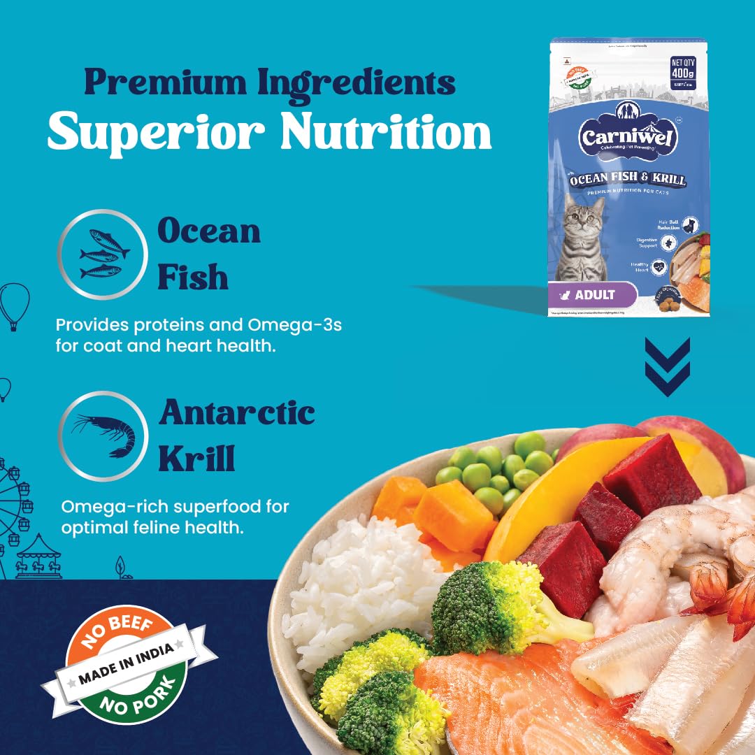Carniwel Ocean Fish & Antarctic Krill Adult Dry Cat Food 400 gm | Fresh & Natural Ingredients | Highly Palatable | Supports Healthy Skin & Glossy Coat | Premium Nutrition for Cats