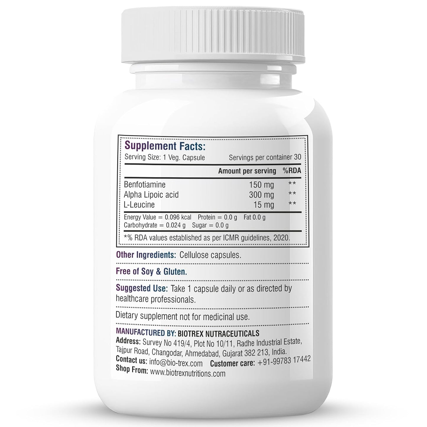 Biotrex Nutraceuticals Benfotiamine 150mg, Alpha Lipoic Acid 300mg With Leucine | Glucose Balance & Metabolic Response | Brain, Heart & Nerve Health | Most Bioavailable Vitamin B1-30 Veg Capsules