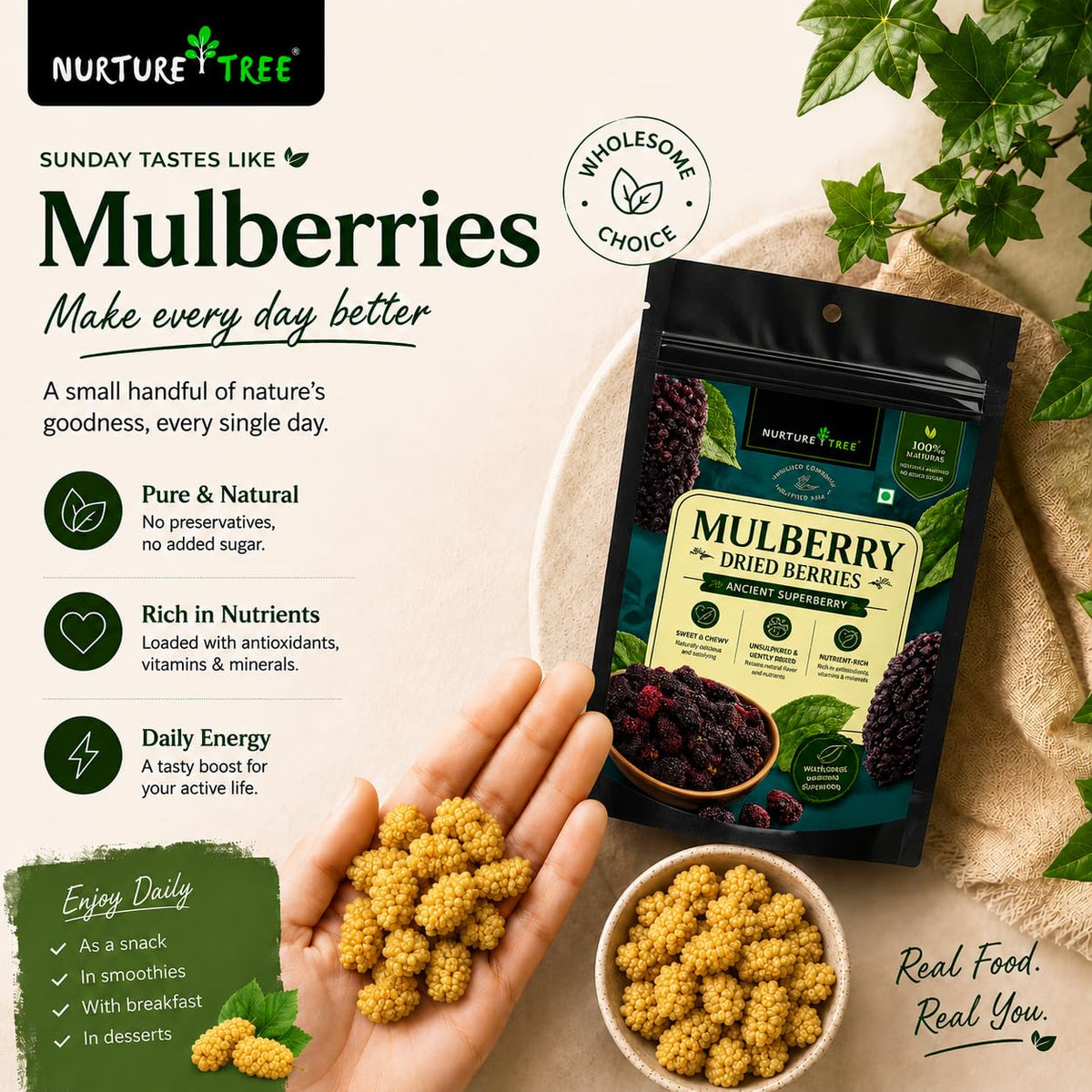 Nurture Tree Dried Mulberries | 100% Natural & Unsulfured Mulberry Berries | No Added Sugar | Nutrient-Rich Ancient Superberry | Healthy Snacks