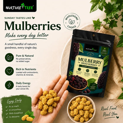 Nurture Tree Dried Mulberries | 100% Natural & Unsulfured Mulberry Berries | No Added Sugar | Nutrient-Rich Ancient Superberry | Healthy Snacks