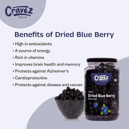 Cravez Dried Blueberries, Sweet Berries | Dried Fruits | Rich in Calcium, Vitamin K | Healthy Skin | Boost Immunity | Vegan, Non-GMO, Preservative-Free | Blueberry Snacks