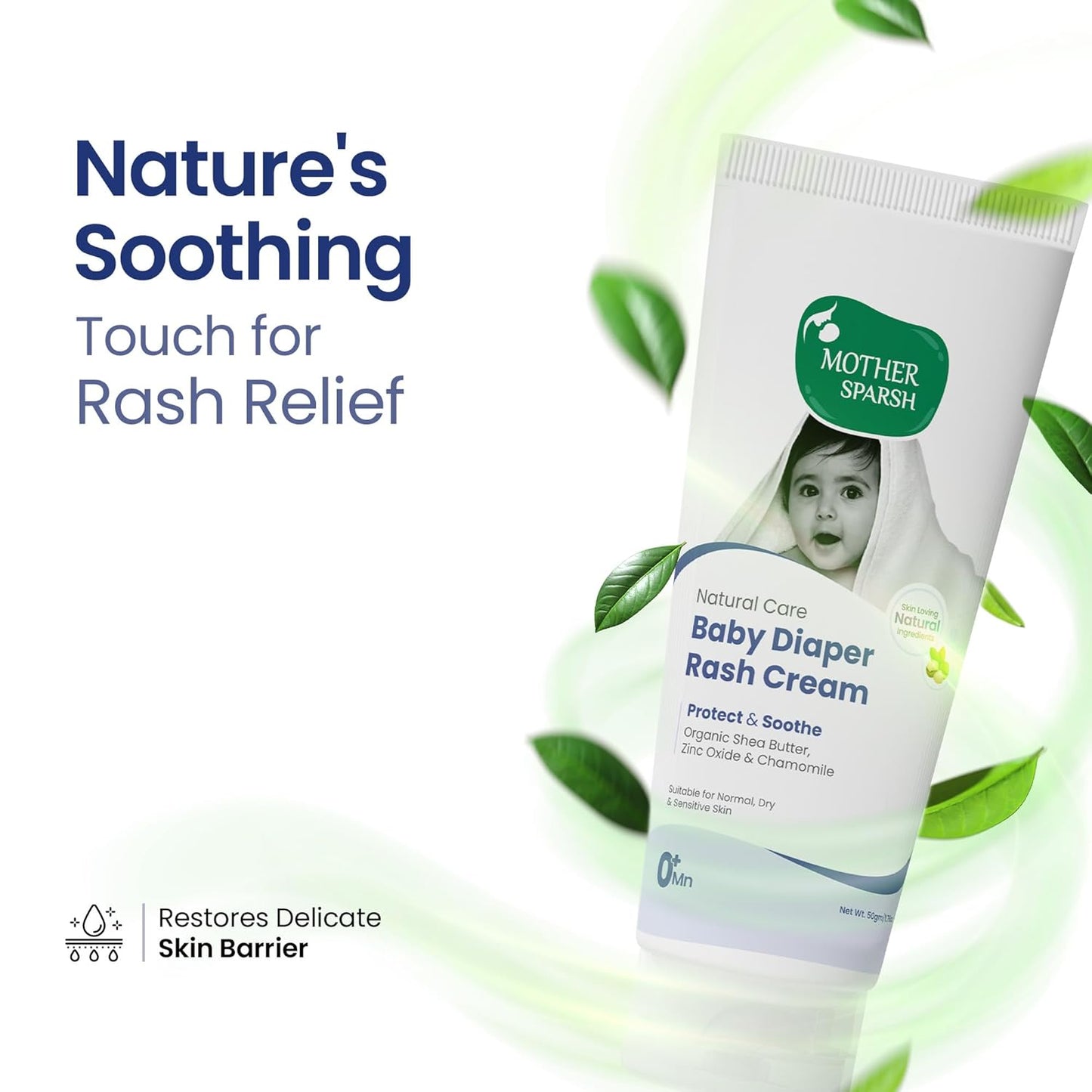 Mother Sparsh Natural Care Baby Diaper Rash Cream-50g | Diaper Rash Cream for Babies with Chamomile, Shea Butter & Zinc Oxide | Protects & Soothes Newborn Sensitive Skin