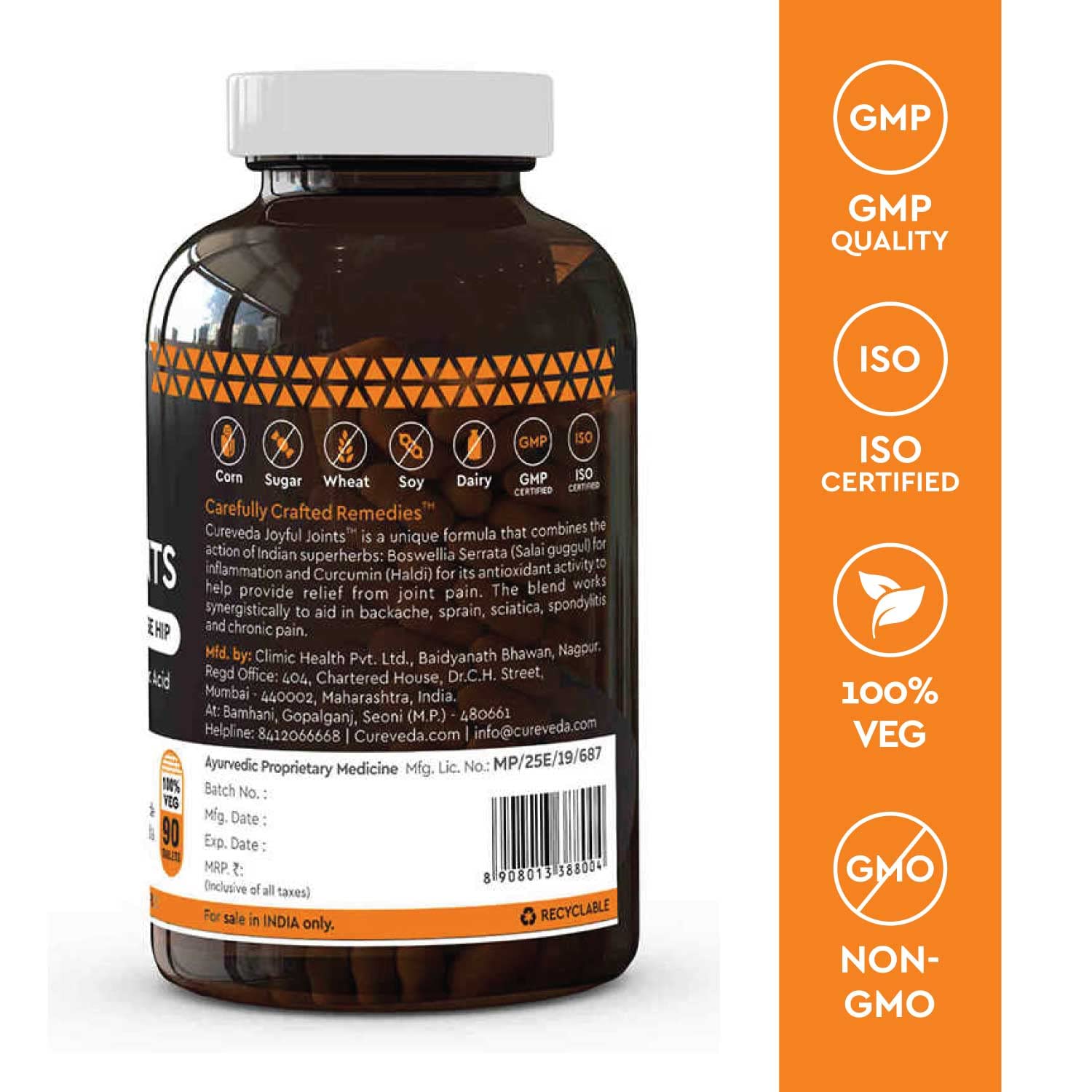 Bottle of supplements with GMP, ISO, 100% Veg, Non-GMO certification on an orange background