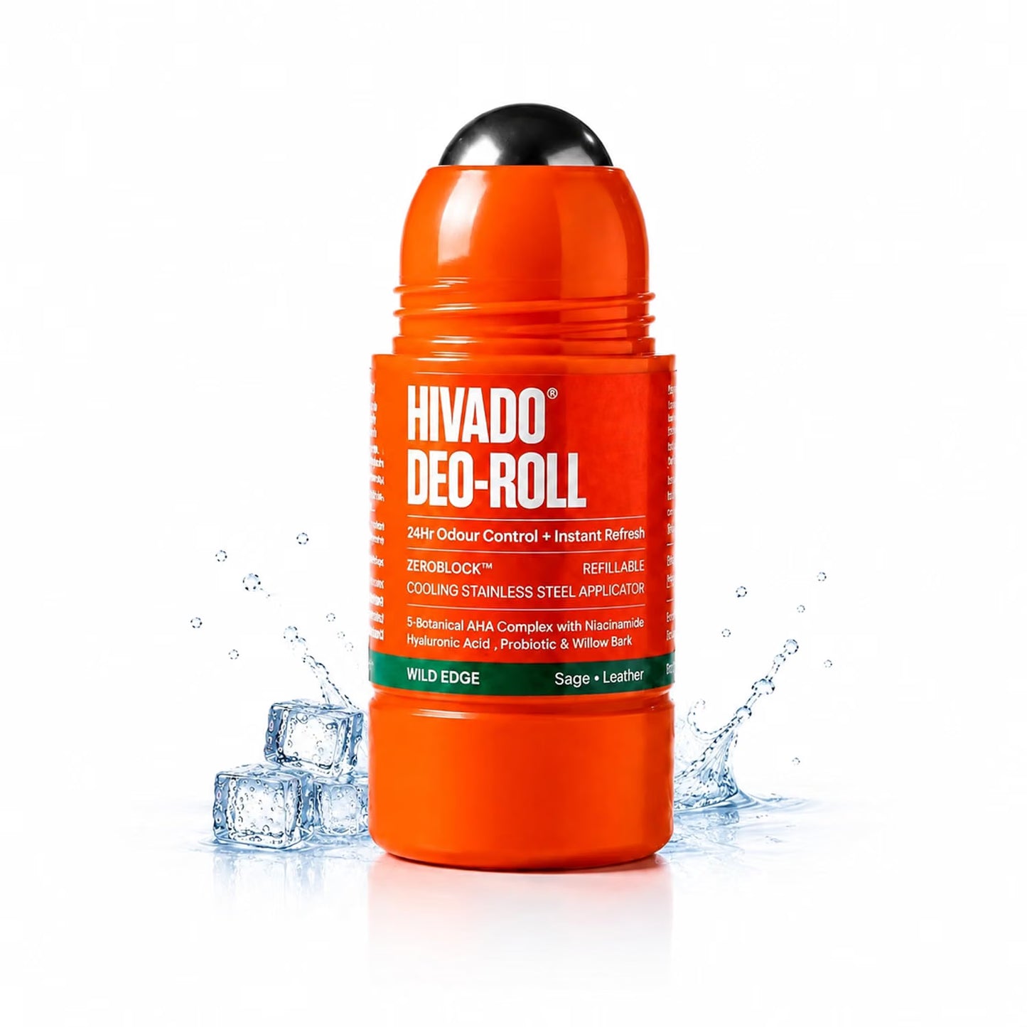 HIVADO Refillable Roll-On Deodorant 40ml | Stainless Steel Ball Applicator | Cooling Odour Control with Probiotic & Niacinamide | Underarm Brightening | Aluminium & Alcohol Free