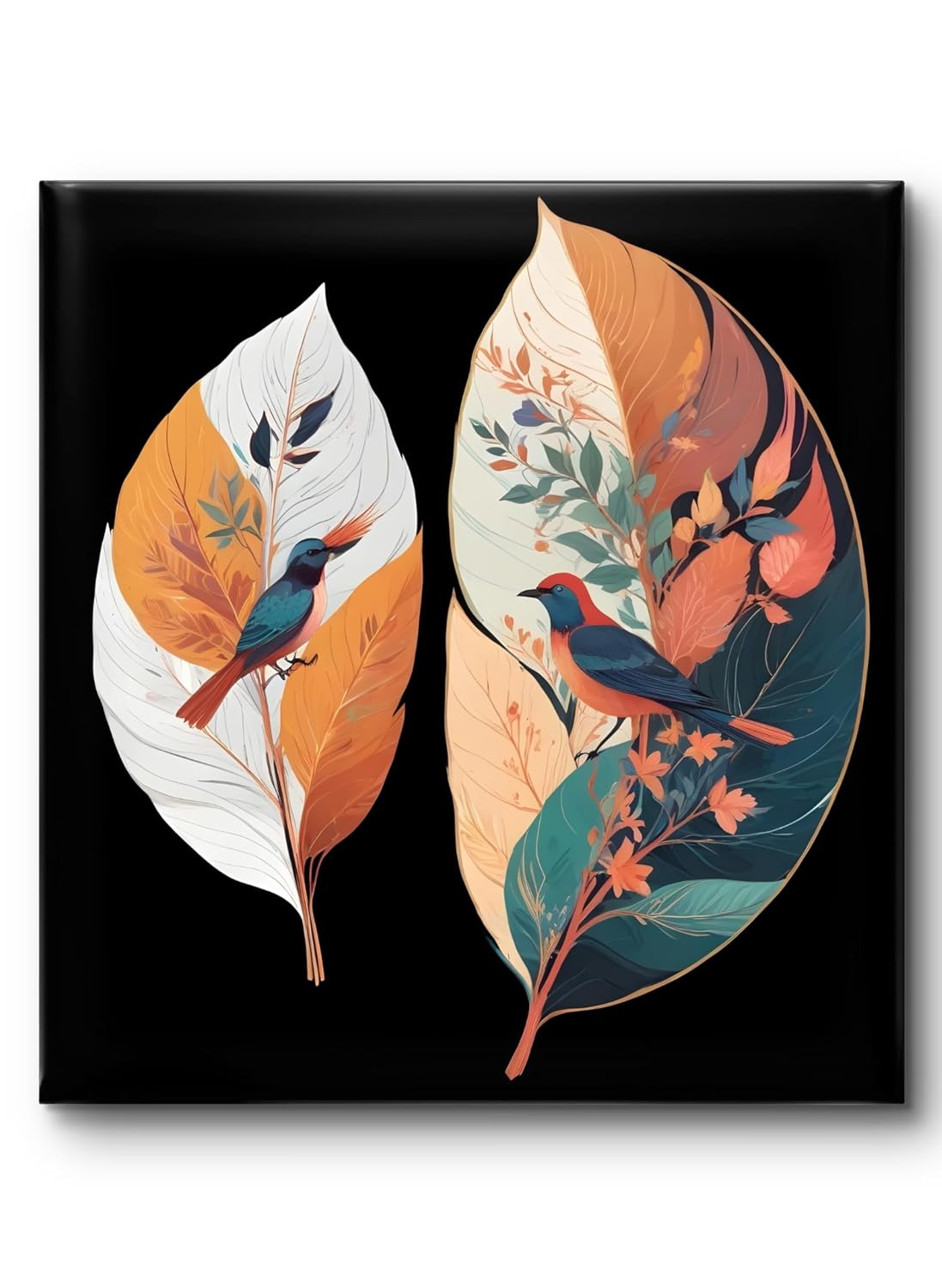 Tropical Birds Wall Art, Decorative Feather Canvas Print, Black Background, Orange and Teal Botanical Design 16 Inch x 16 Inch CVS-38105