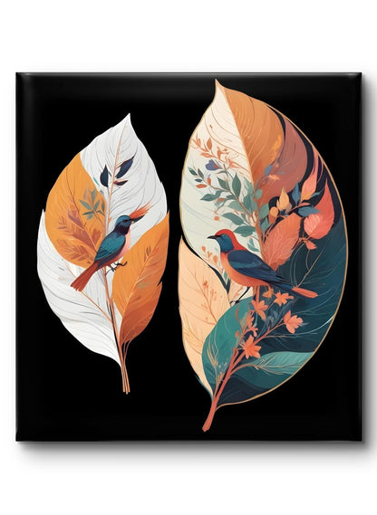 Tropical Birds Wall Art, Decorative Feather Canvas Print, Black Background, Orange and Teal Botanical Design 16 Inch x 16 Inch CVS-38105
