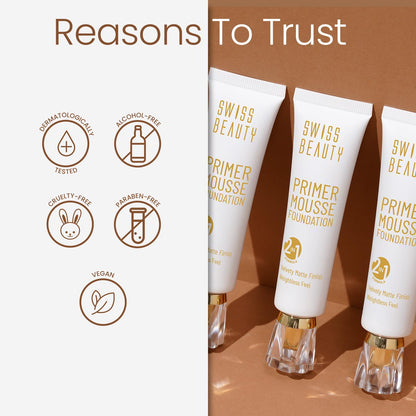 Swiss Beauty Primer Mousse Foundation Weightless Smooth & Velvet Touch, Matte Finish, Face Makeup, Natural Beige, 30ml
