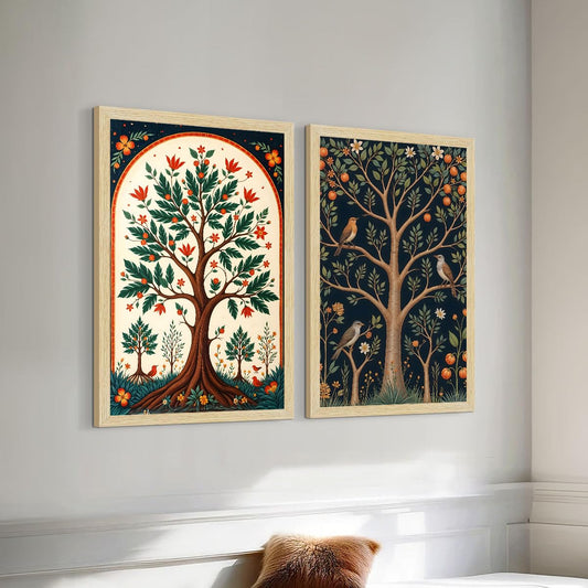 Madhubani Floral Art Paintings with Frame for Home Decor, Wall Paintings for Living Room, Multicolor, Natural Wood Color Frames, Set of 2