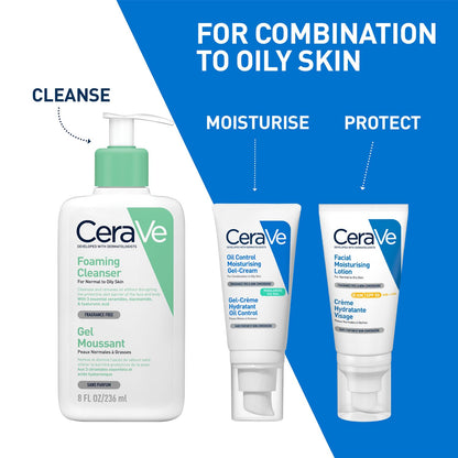 CeraVe skincare products for combination to oily skin on a white and blue background