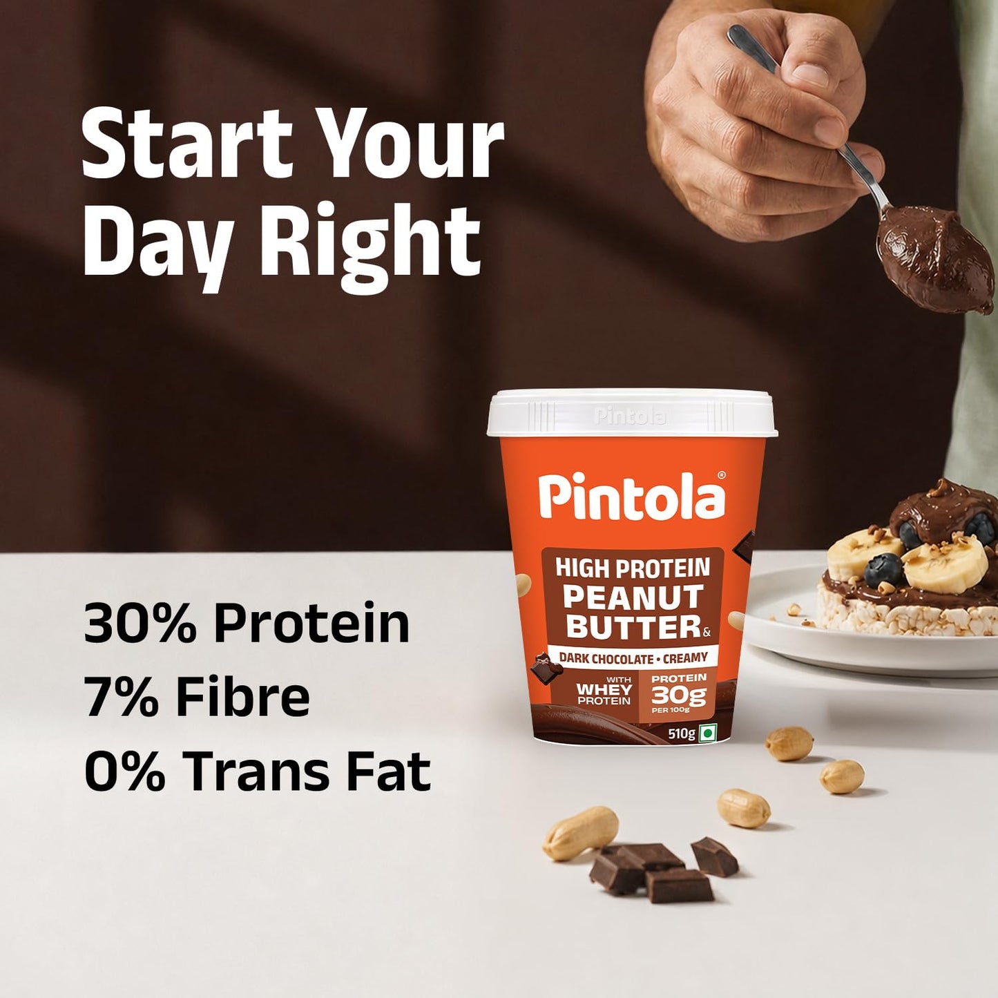 PINTOLA High Protein Peanut Butter Chocolate Flavour Creamy, Added WHEY Protein, 30g Protein 6.2g Fiber, Gluten Free, Zero Trans Fat, Dark Chocolate Peanut Butter Spread, Nut Butter Bread Snacks