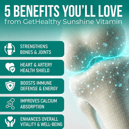 Promotional graphic for GetHealthy Sunshine Vitamin highlighting its benefits with a focus on bones and health.