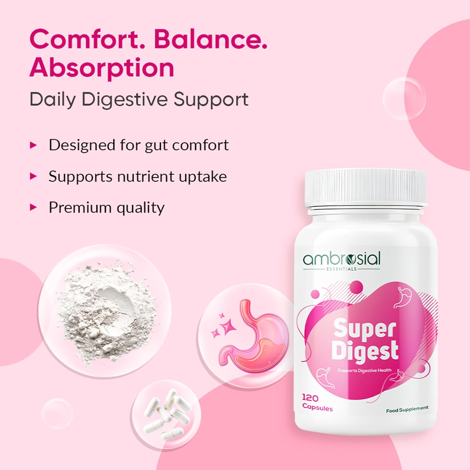 Ambrosial Super Digest supplement bottle on a pink background with product details.