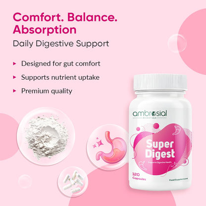 Ambrosial Super Digest supplement bottle on a pink background with product details.