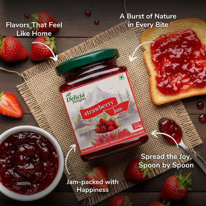 Delicia Delights Strawberry Jam 350g | Made with Real Strawberry Pulp | Delicious Fruit Spread for Bread, Toast & Desserts | Rich Fruity Taste | Crafted in Uttarakhand Himalayas