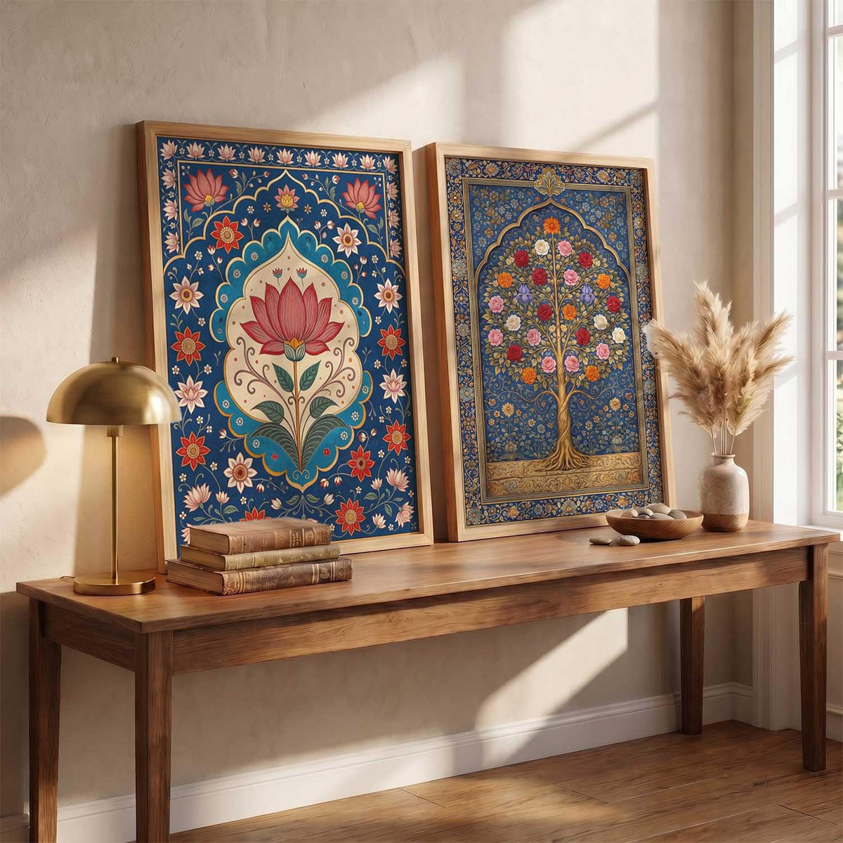 Decorative Indian Traditional Madhubani Wall Art Home Decor Painting poster With Frame For Living Room Bed Room Hotel Wall Decor Digital Reprint Set of 2 (13X17 inch)