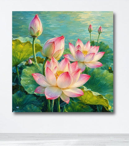 Lotus Flower Painting for Wall Vastu (15+ DESIGNS) Framed Lotus Canvas Painting for Living Room, Bedroom | Nature Floral Wall Art with Multiple Design Variations (Multi Lotus, 18x18 Inch, Framed)