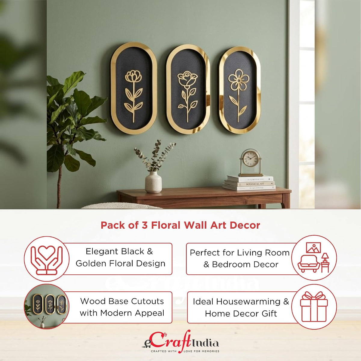 Pack of 3 Floral Wall Art with Black & Golden Wood Base Flower Cutouts Decor for Living Room Bedroom
