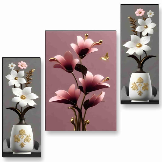 flower pot Paintings for Wall Decoration - Set Of 3, 3d modern art Painting for Living Room Large Size with Frames for Home Decoration, Hotel, Office painting 50.8 cm x 30.48 cm A-JM-36037