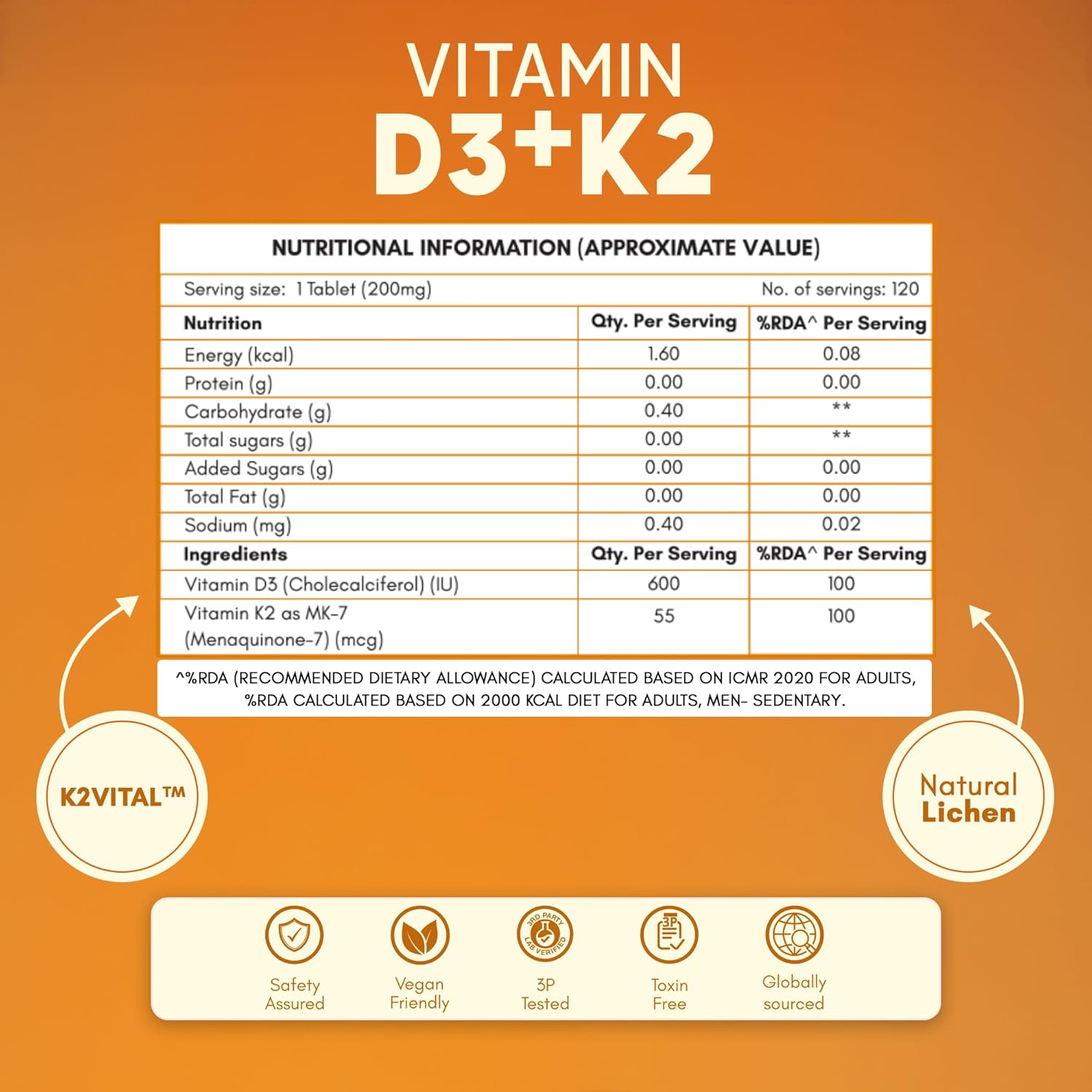 Nutritional information and product details of Vitamin D3+K2 on an orange background