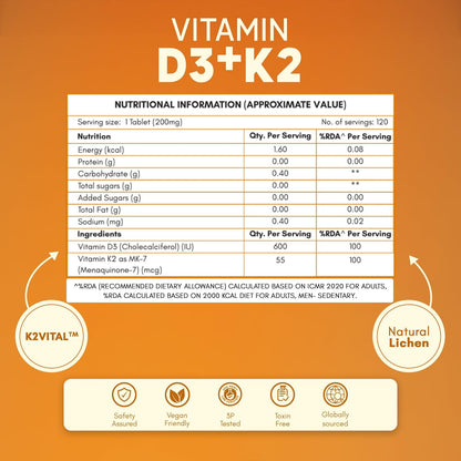 Nutritional information and product details of Vitamin D3+K2 on an orange background