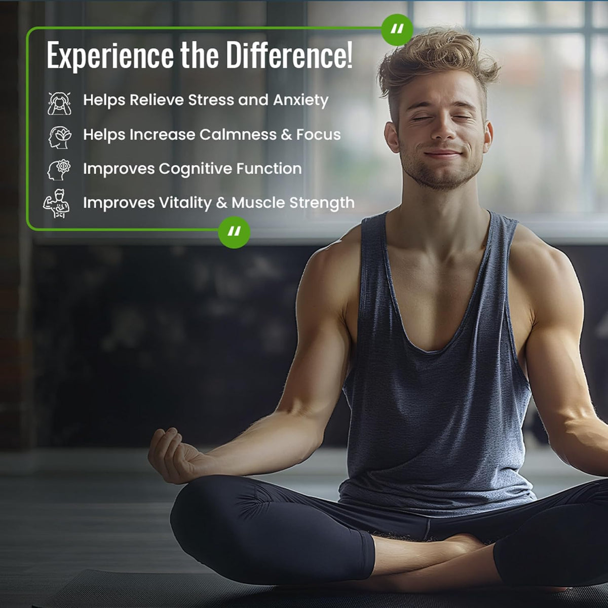 Man meditating with wellness benefits listed on a green banner