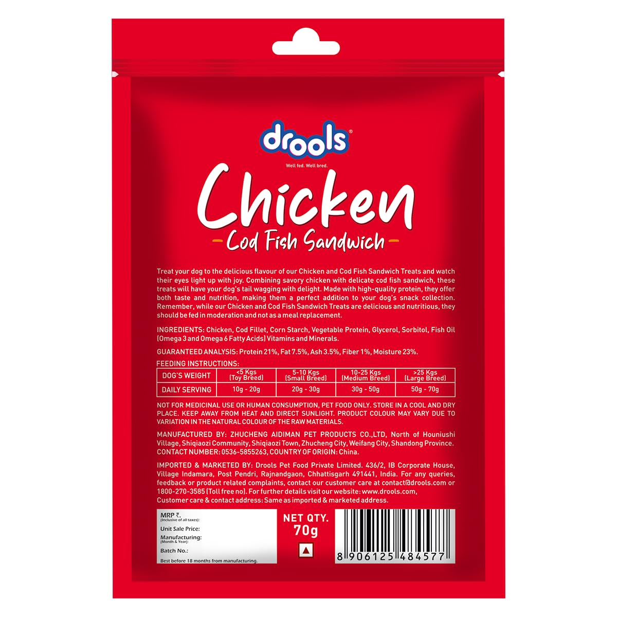 Drools Cod Fish Sandwich Dog Treat, 70 g | Made with Real Chicken & Cod Fish | High Protein Training Treat | for Puppy & Adult Dogs