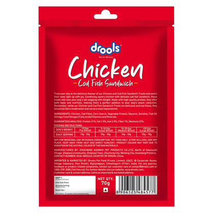 Drools Cod Fish Sandwich Dog Treat, 70 g | Made with Real Chicken & Cod Fish | High Protein Training Treat | for Puppy & Adult Dogs