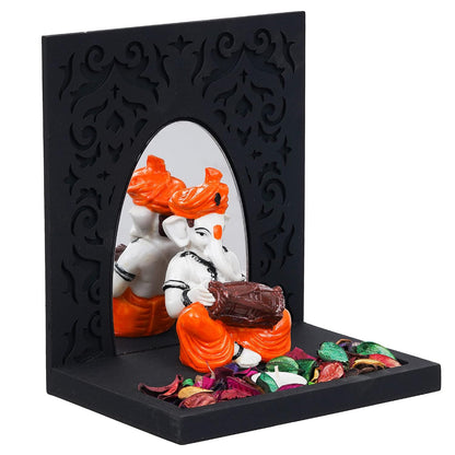 Orange White Resin Lord Ganesha Idol Playing Dholak Showpiece Potpourri Tea Light Candle Holder| Ganpati Murti Tea Light Holder Diwali Decoration Items for Home Decor Office| Diwali Gift