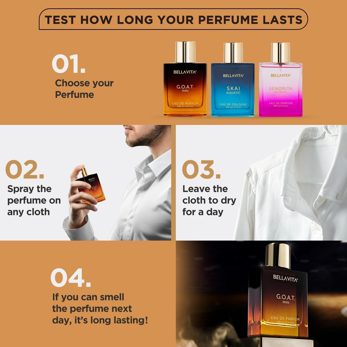 Perfume bottles with a step-by-step guide on how to test perfume longevity.