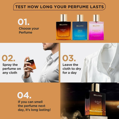 Perfume bottles with a step-by-step guide on how to test perfume longevity.