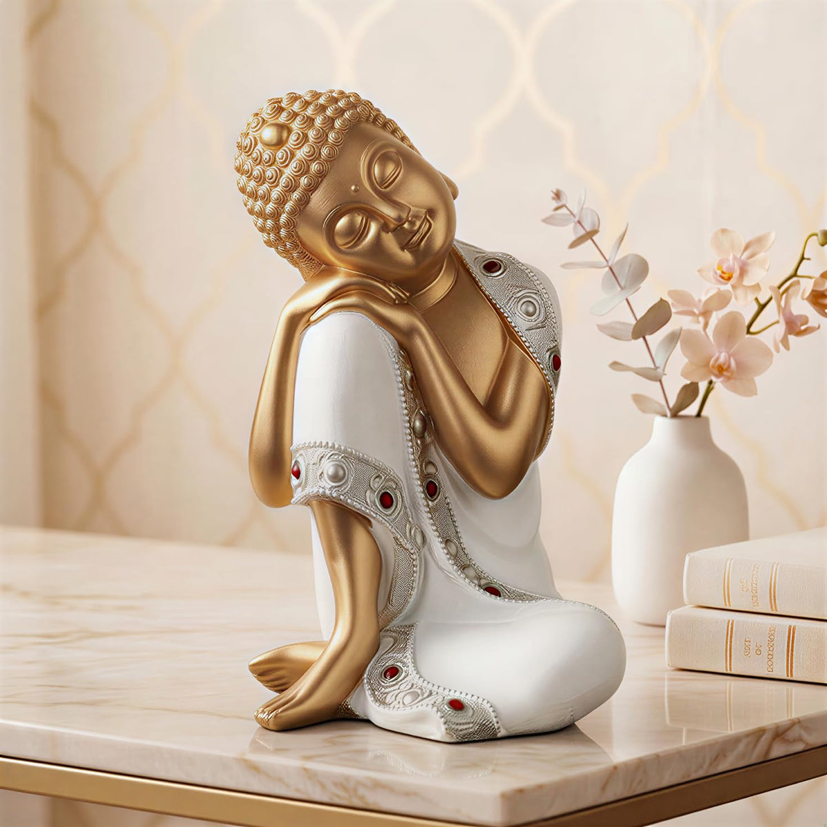Buddha Idol Statue | Show Pieces for Home Decor Living Room (White Golden)