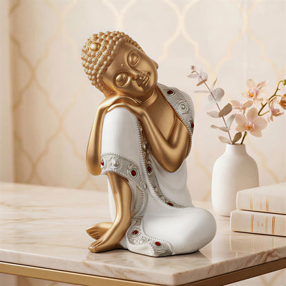 Buddha Idol Statue | Show Pieces for Home Decor Living Room (White Golden)