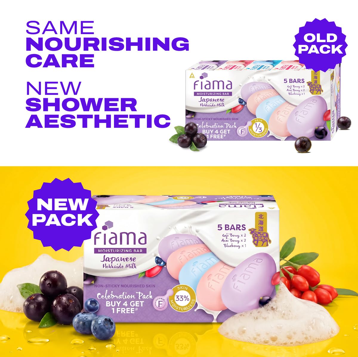 Fiama Skin Barrier Strengthening Moisturizing Soap Bar 125gx5, Japanese Hokkaido Milk Celebration Pack of 5, Non-Sticky Soft Skin | 1/3rd Moisturizers | Blueberry, Goji Berry & Acai Berry Combo pack