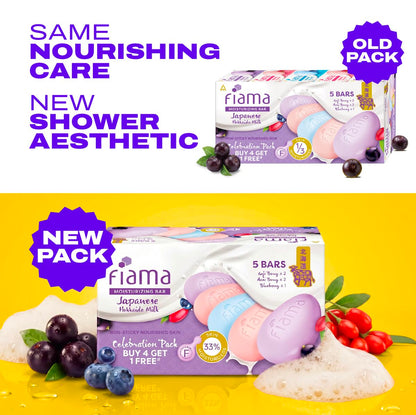 Fiama Skin Barrier Strengthening Moisturizing Soap Bar 125gx5, Japanese Hokkaido Milk Celebration Pack of 5, Non-Sticky Soft Skin | 1/3rd Moisturizers | Blueberry, Goji Berry & Acai Berry Combo pack