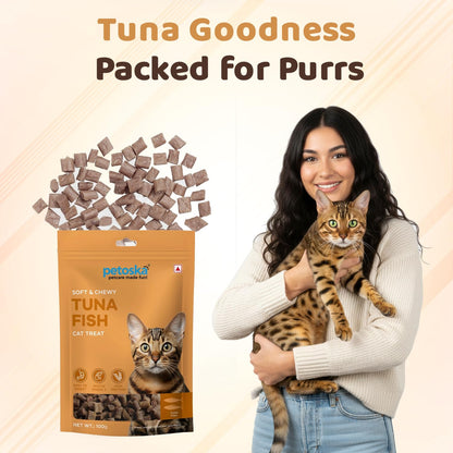 Petoska Tuna Fish Cat Treats –100g | Air-Dried Real Tuna Bites with Taurine & Omega-3 | Chewy High-Protein Snack for Shiny Fur, Lean Muscles & Joint Strength | for Kittens & Adult Cats