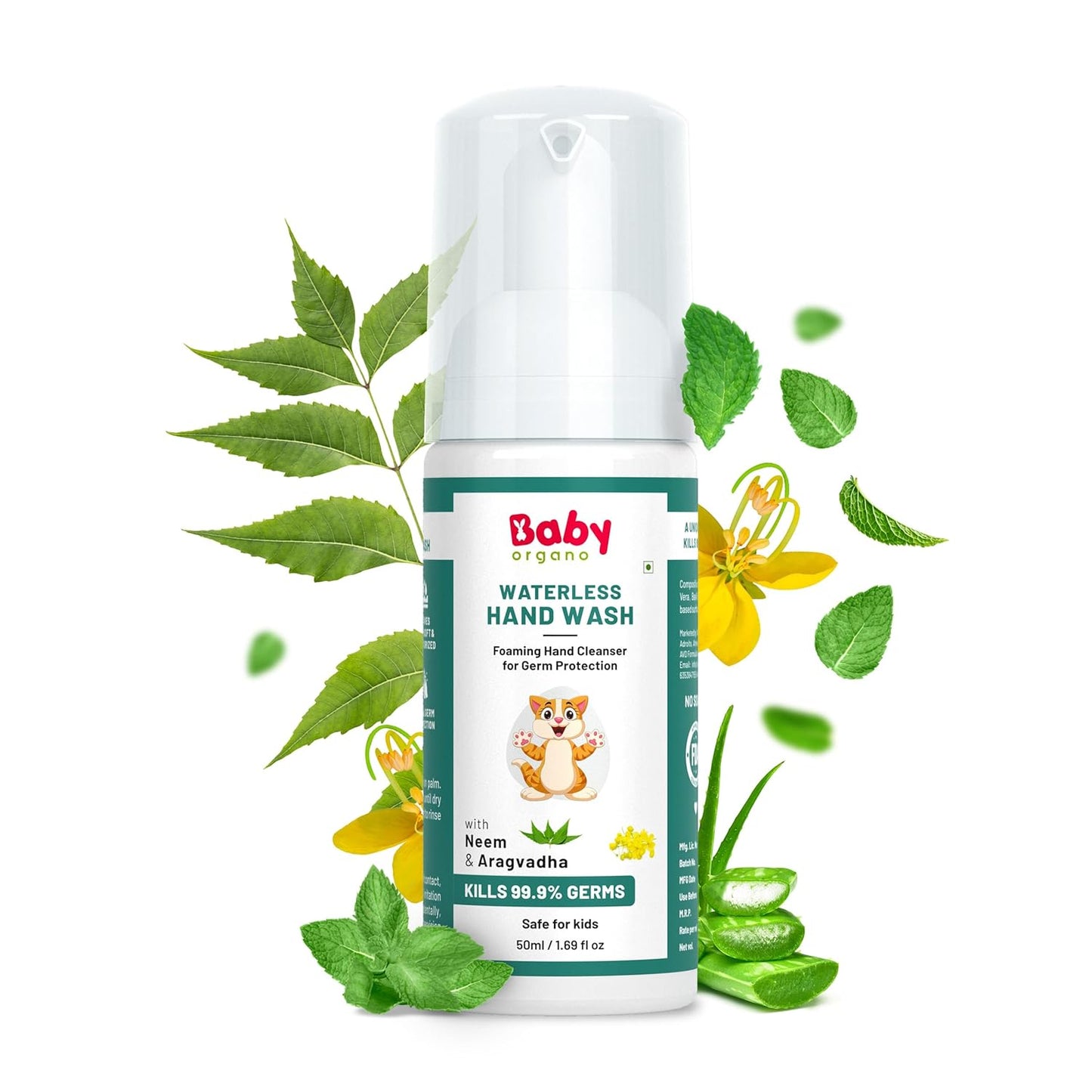 BabyOrgano Waterless Foaming Hand Wash for Kids 0+ Years | Kills 99.9% Germs | No Rinse Needed | Neem, Tulsi & Aloe Vera | Alcohol Free | Paraben Free | FDCA Approved | 50ml (Pack of 1)