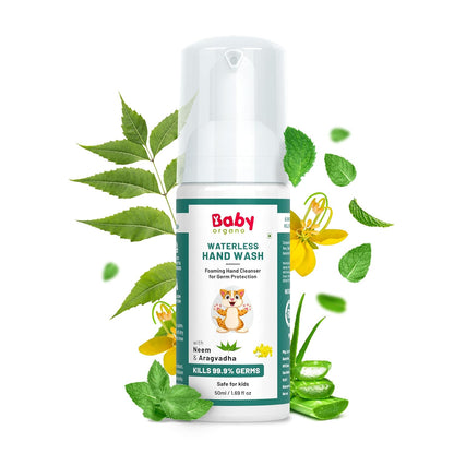 BabyOrgano Waterless Foaming Hand Wash for Kids 0+ Years | Kills 99.9% Germs | No Rinse Needed | Neem, Tulsi & Aloe Vera | Alcohol Free | Paraben Free | FDCA Approved | 50ml (Pack of 1)