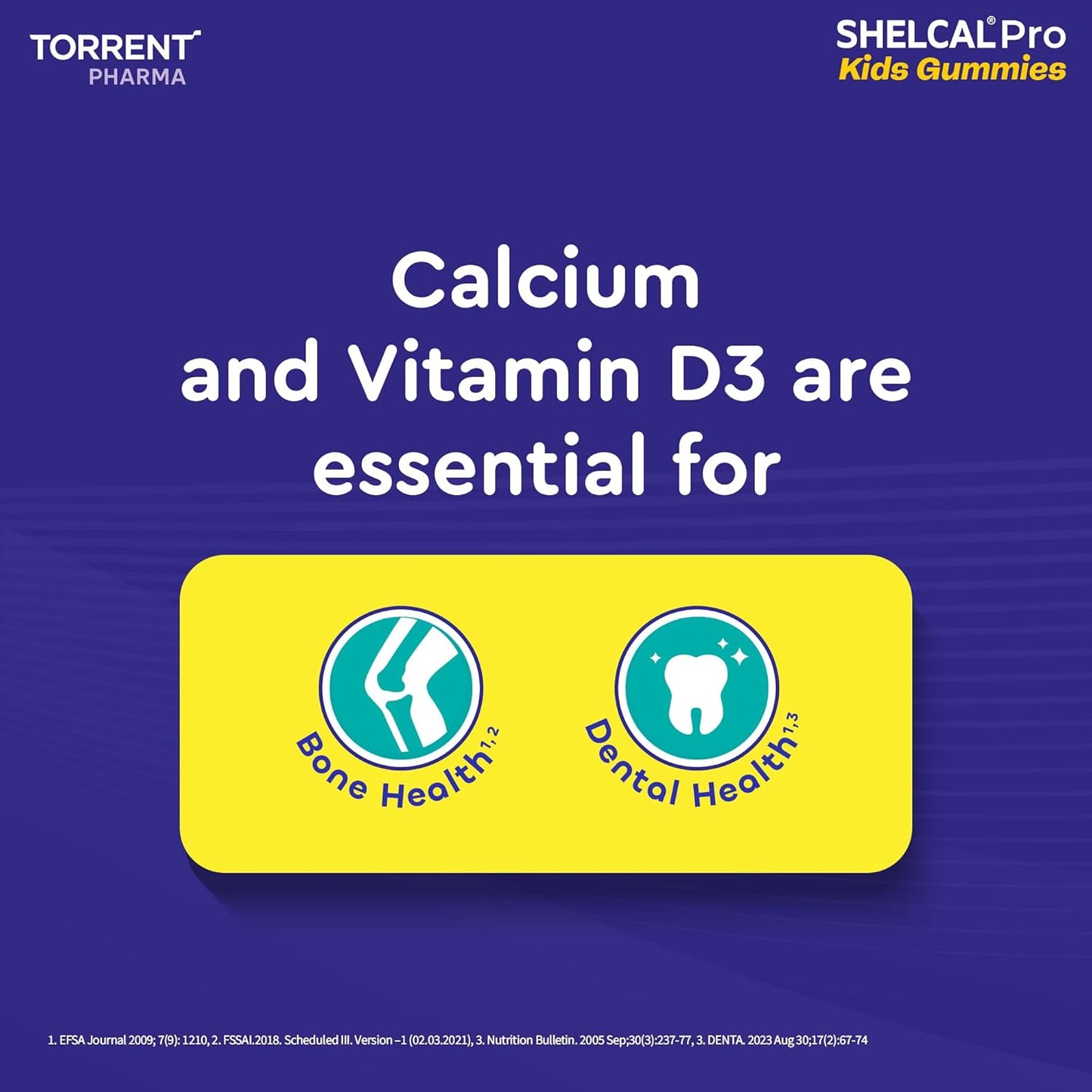 Advertisement for SHELCAL Pro Kids Gummies by Torrent Pharma with text about calcium, vitamin D3, bone health, and dental health on a blue background.