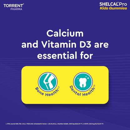 Advertisement for SHELCAL Pro Kids Gummies by Torrent Pharma with text about calcium, vitamin D3, bone health, and dental health on a blue background.