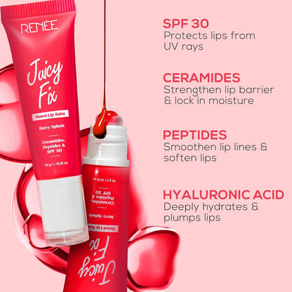 RENEE Juicy Fix Tinted Lip Balm- Sugar Drizzle | Shiny, Glossy Finish | Protects Lips With SPF 30 | Repairs & Nourishes Dry, Flaky Lips | With Peptides, Ceramides & Hyaluronic Acid | 10 g