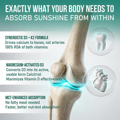 Advertisement for a vitamin supplement with a focus on bone health and vitamin absorption.