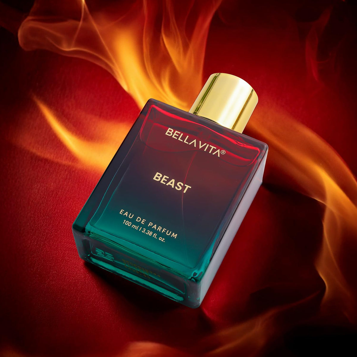 Bellavita Beast perfume bottle on a fiery background