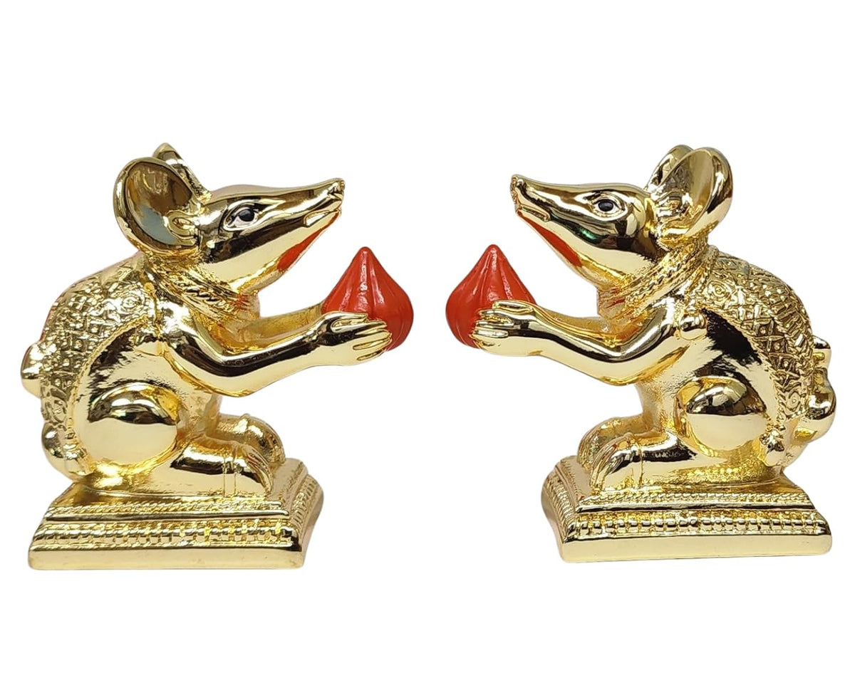 Gold Art India Gold-Plated Mushak (Mooshak) Mouse Pair with Modak | Orange Terracotta Finish | Mouse Idol | Vehicle (Vahana) of Lord Ganesha | 2.5 Inch Height | Mandir (Set of 2 pcs)