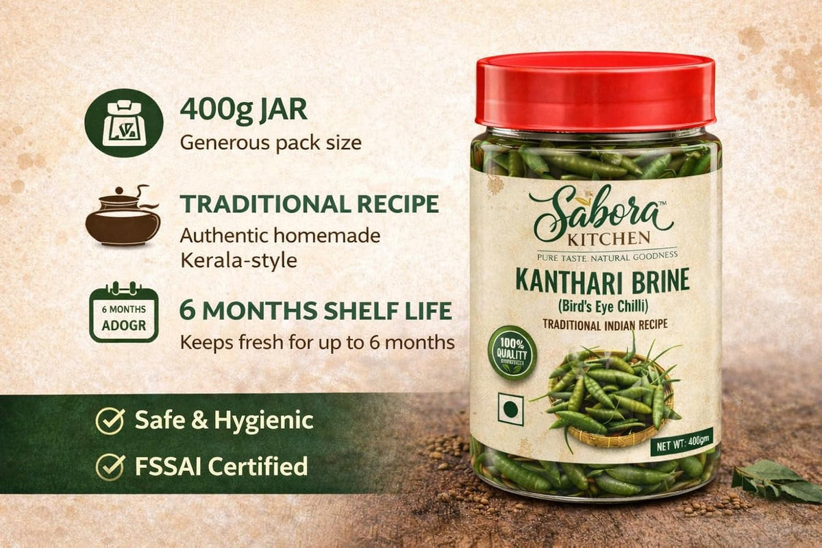 Sabora Kitchen Kanthari Brine (Bird’s Eye Chilli) 400g | Traditional Indian Recipe | Homemade Kerala Style | Spicy & Tangy Green Chillies | Ready to Use | 6 Months Shelf Life