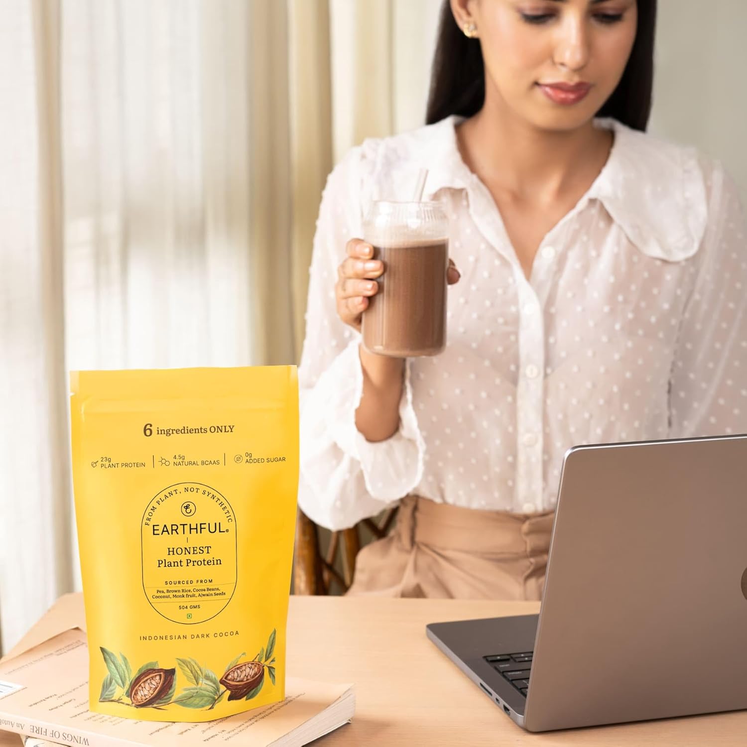 Zephivo Earthful Honest Plant Protein | 24g Protein/Serving & 4.9g BCCAs | For Weight Management, Energy, Muscle Support & Recovery | Made with Pea & Brown Rice | Indonesian Cocoa - 504g