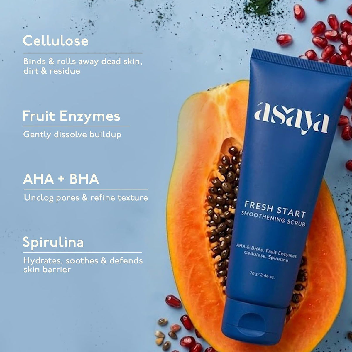 Asaya Fresh Start Smoothening Scrub | Face Exfoliator for Instant Glow-Up | Exfoliating Face & Body | AHA BHA | Dead Skin Remover for Pores, Blackheads & Uneven Skin - 70gm